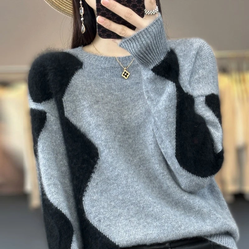 100%纯羊绒衫女士春秋季薄款内搭洋气毛衣短款宽松拼色羊毛打底衫