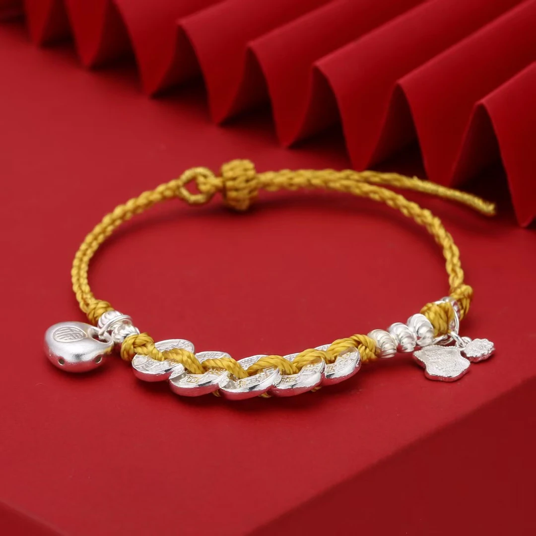 足银手链 足银999.9五帝钱手链胖福手链筒钓编绳款时尚情侣百搭款