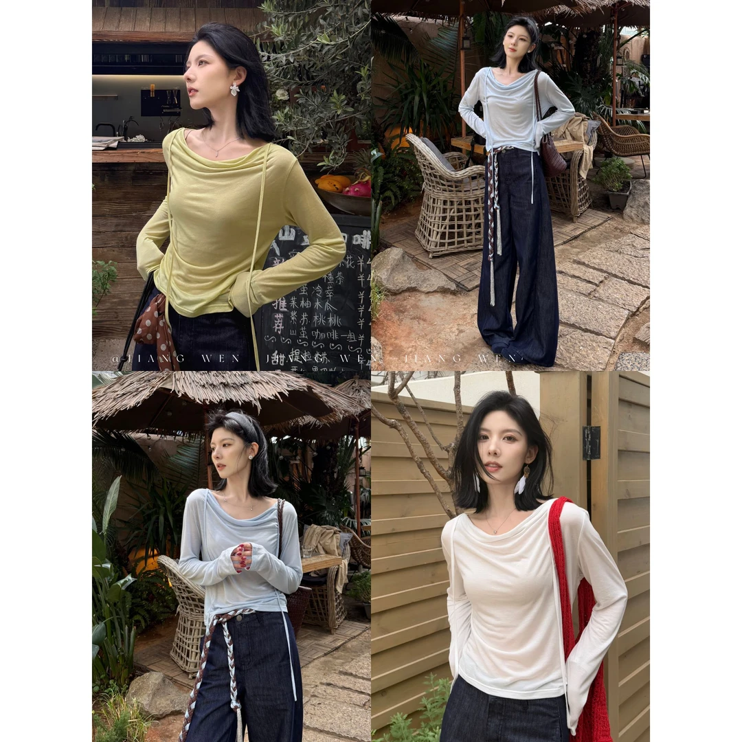 [海斯汀]“100%莱赛尔”法式显瘦气质荡领露肩长袖恤
