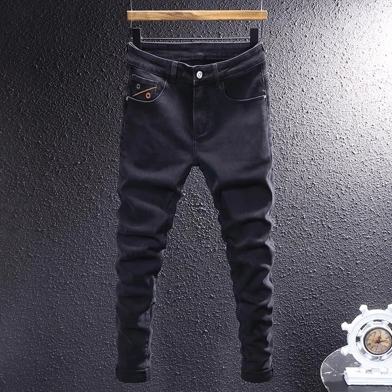 Cebrodz夏季新款商务简约做旧牛仔裤男休闲潮流水洗修身弹力小脚