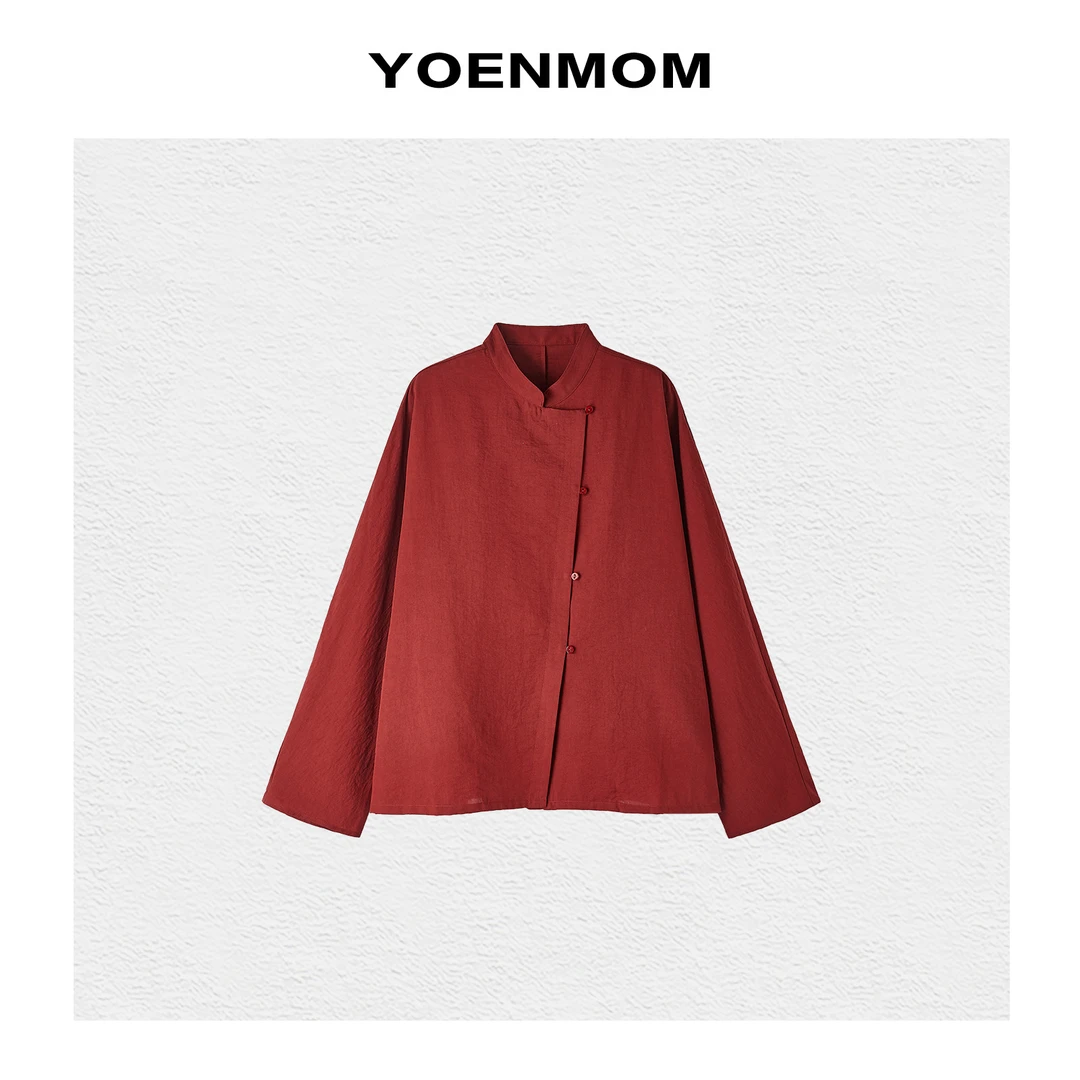 YOENMOM·红裳映春·春季新品 天丝亚麻棉肌理感国风斜襟立领衬衫