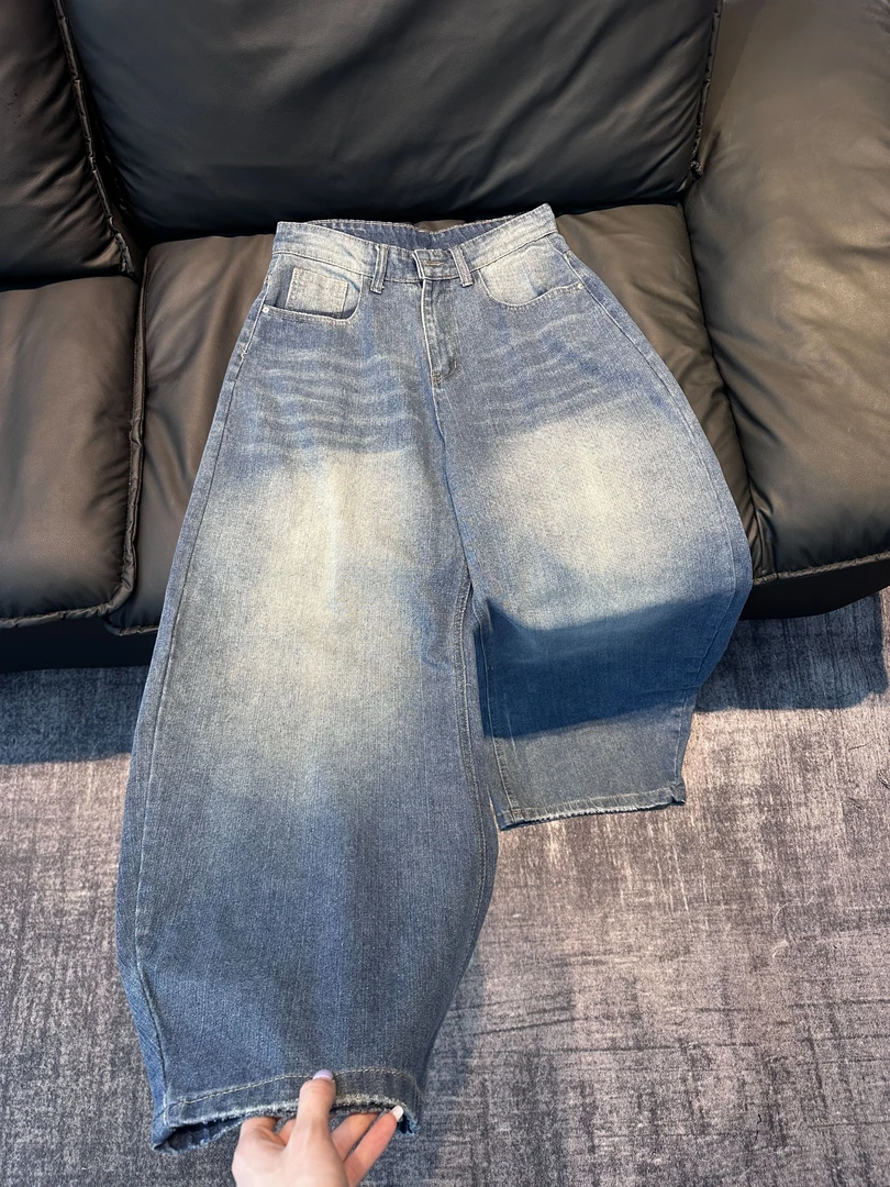 【桃子】清仓爆品复古竹节纹蓝色牛仔裤