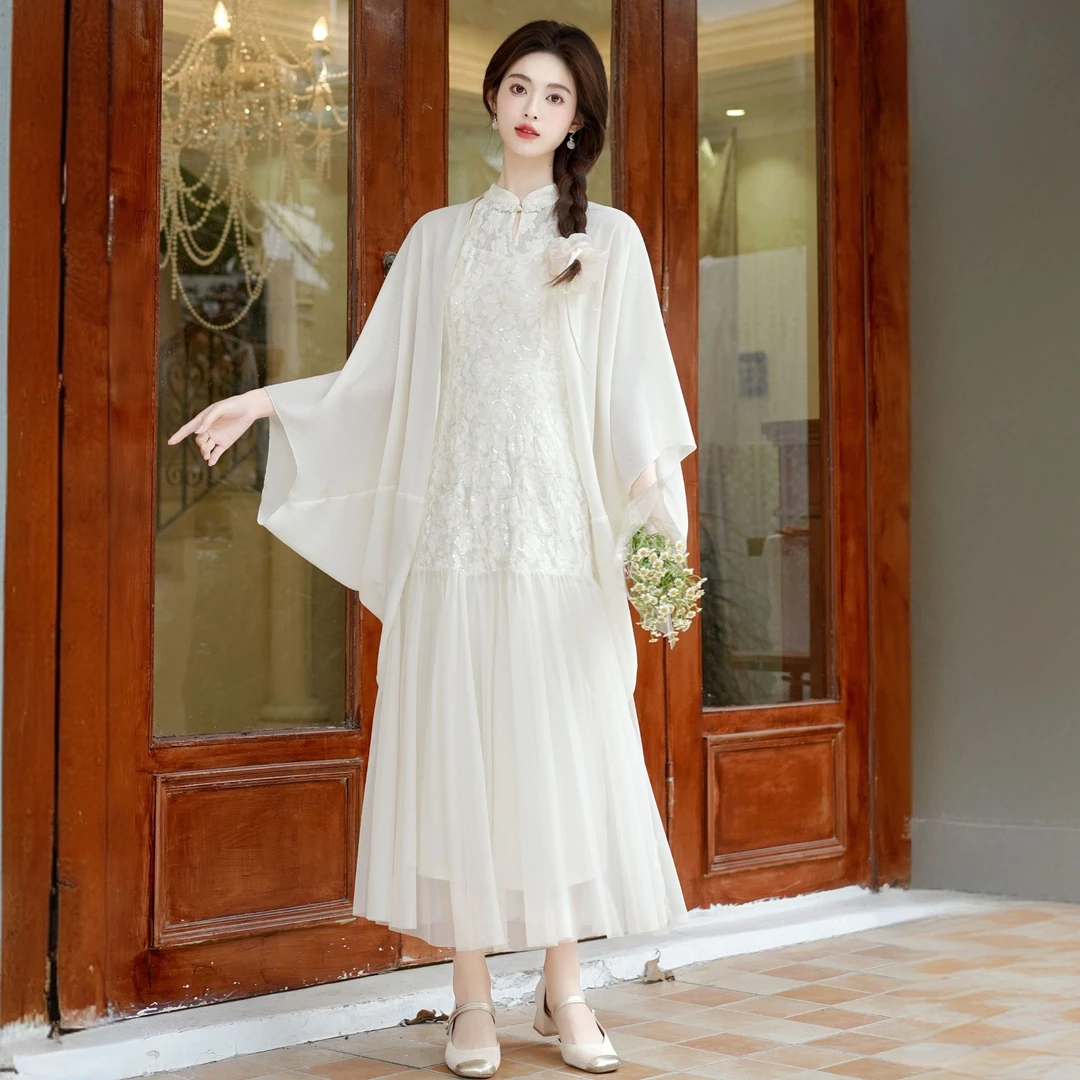 新中式改良旗袍蕾丝连衣裙开衫两件套中国风白色流仙裙套装6994