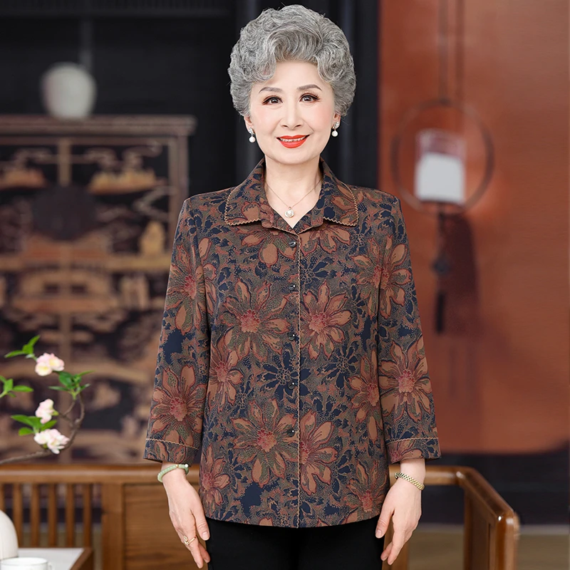 中老年人女装时尚翻领奶奶装大码上衣妈妈春夏装宽松衬衫女长袖