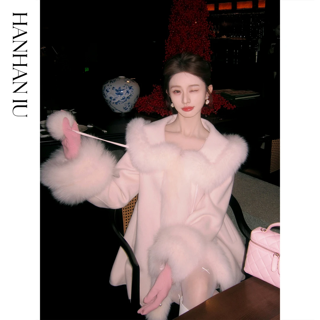 韩韩IU【暖冬千金】高定白狐毛澳毛海军领双面呢秋冬羽绒斗篷大衣