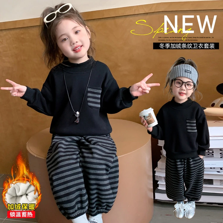 女童卫衣套装2025冬季新款韩版时尚加绒加厚条纹卫衣卫裤两件套