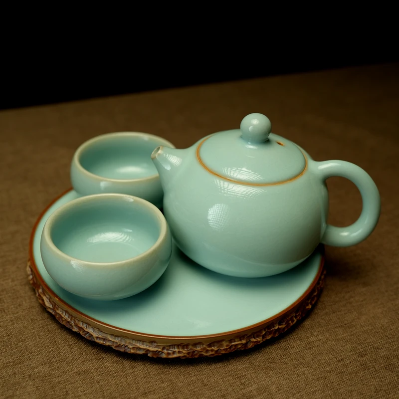 汝窑茶具壶承天青色汝瓷手工冰裂纹西施壶(一壶二杯一壶承)