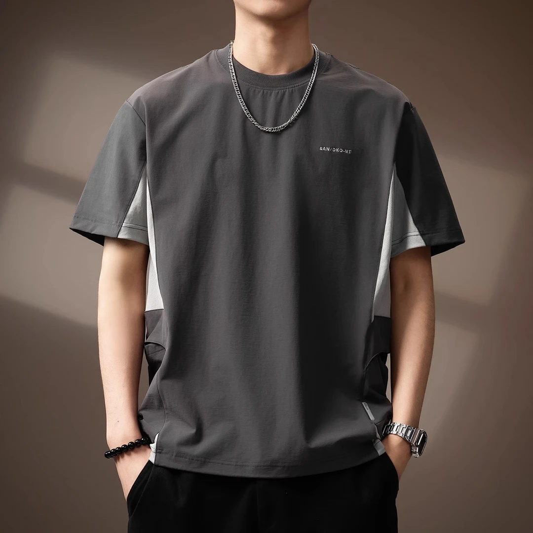 高端美式速干弹力拼接短袖T恤男夏季冰丝凉感运动设计感运动半袖