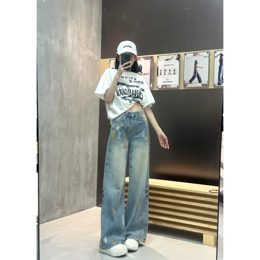 良社 · Minnie 【错位时空】夏季新款潮牌涂鸦泼墨设计感阔腿牛仔裤