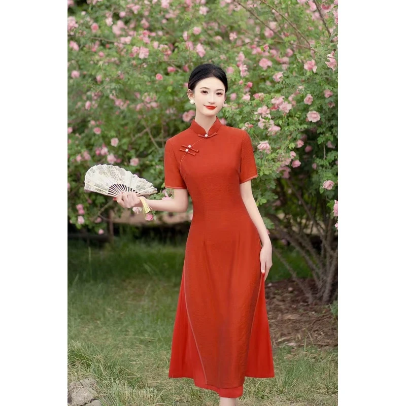 A102699,夏季新款中式复古高端简约民国显瘦奥黛改良旗袍裙