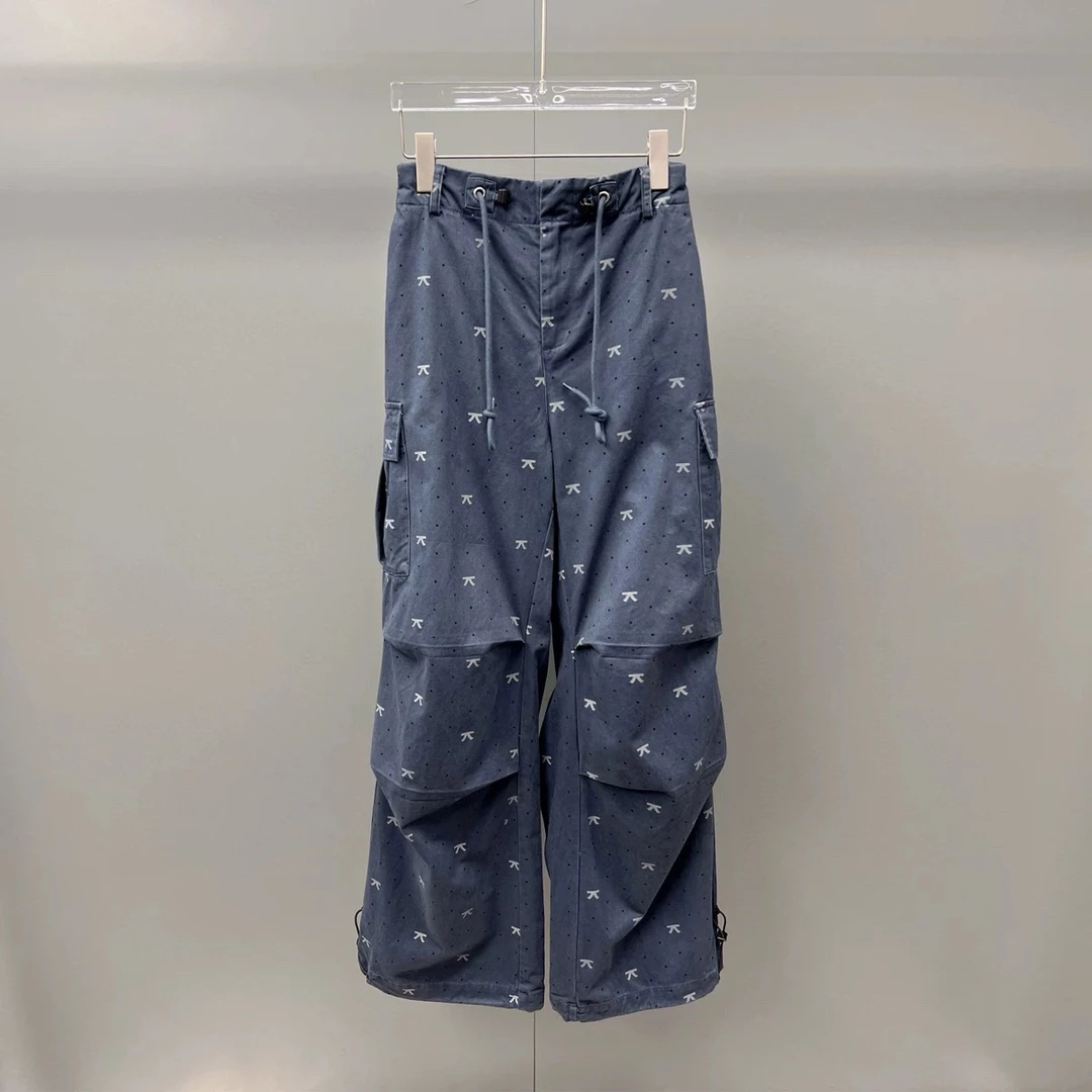 南油潮牌女装 蓝色印花高腰显瘦宽松休闲直筒工装裤