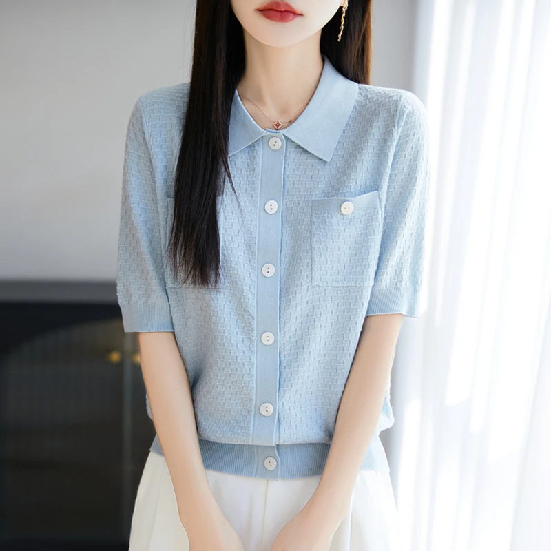 桑蚕丝羊毛POLO领短袖女纯色百搭显瘦上衣夏季新款洋气T恤气质款