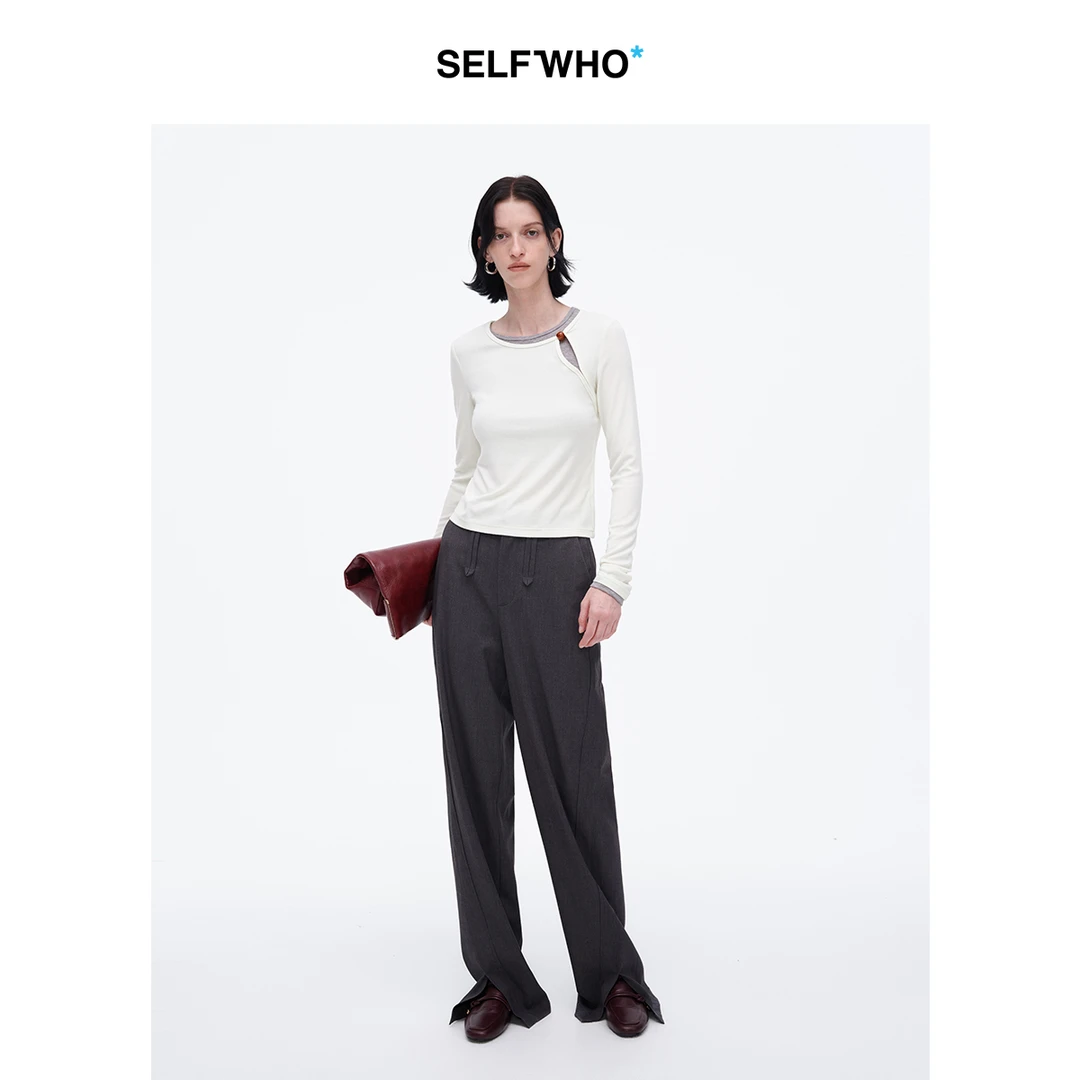 SELFWHO撞色假两件打底衫女2025春季新款弹力宽松百搭长袖上衣