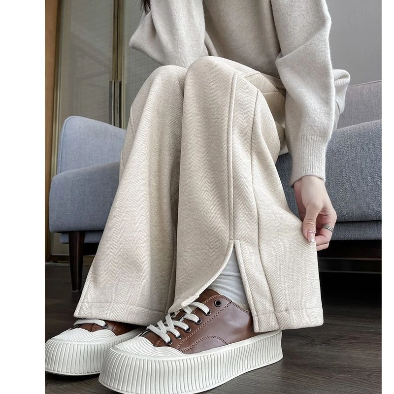 女款秋冬高腰宽松裤子毛呢加绒女裤阔腿裤人字纹休闲裤燕麦色女裤