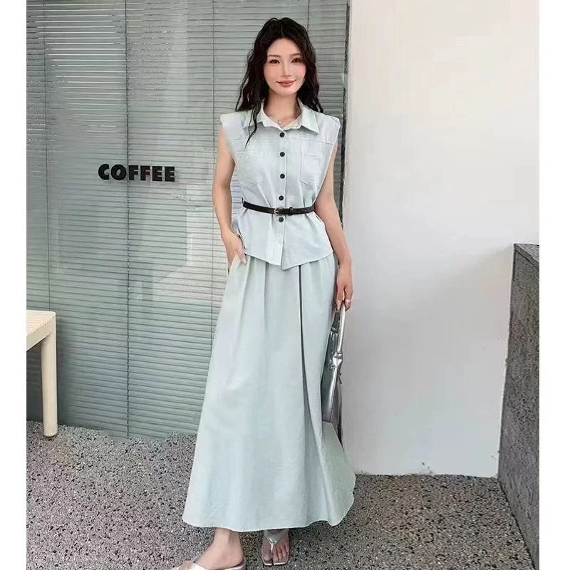 2025夏季新款时尚套装百搭无袖坎肩上衣高腰半身裙两件套HJ-1917