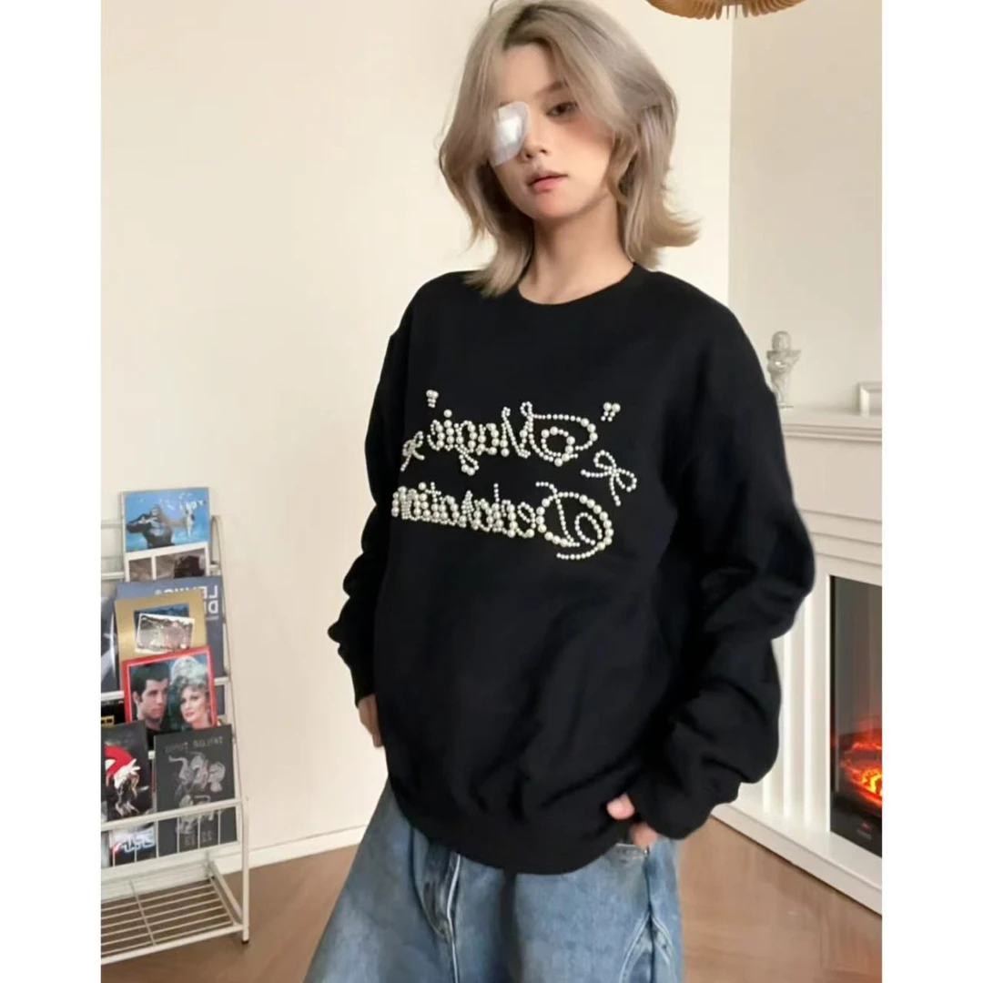 国潮钉珠卫衣设学院风韩版上衣秋冬圆领秋季落肩袖加绒卫衣长袖