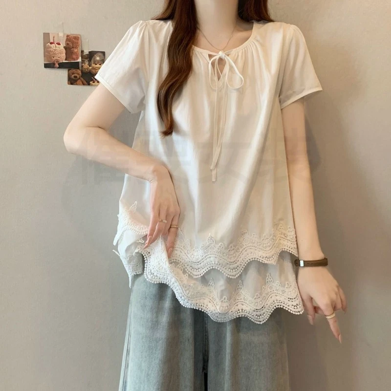大码女装遮肚子波浪边叠层短袖衬衫女夏季夏季微胖大码女装衬衫