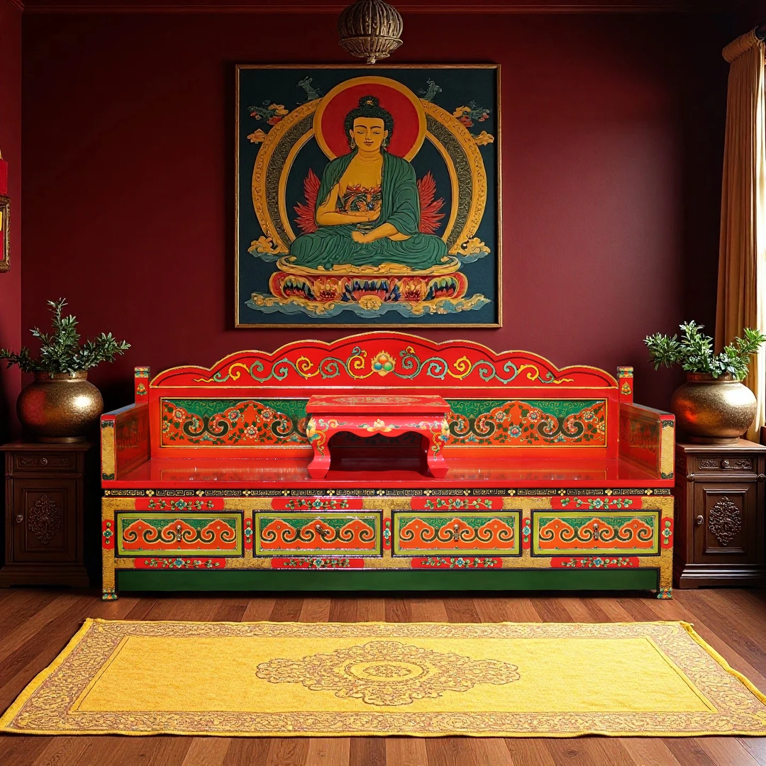 新中式彩绘罗汉床实木传统纹样储物床架复古中式床炕桌矮几组合床