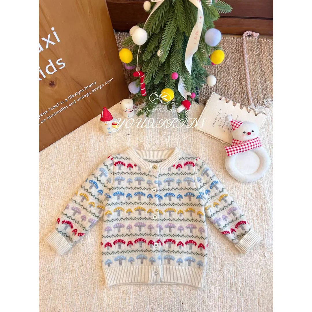 现飞飞家·糖霜小菇25女童羊绒彩色小蘑菇洋气可爱毛衣开衫 FF3097