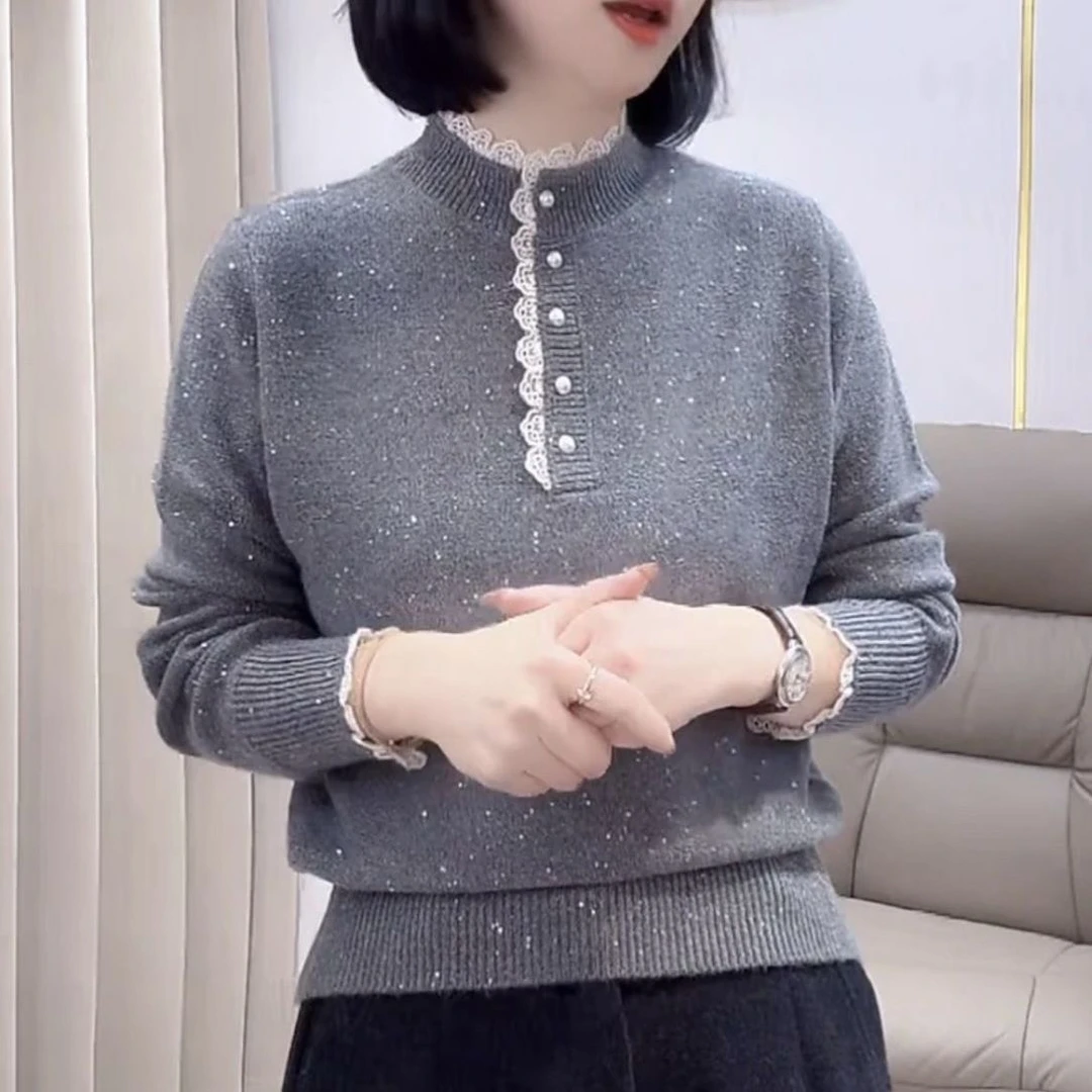 日常休闲优雅百搭高级纯色简约长袖毛衣大码宽松舒适拼接蕾丝上衣