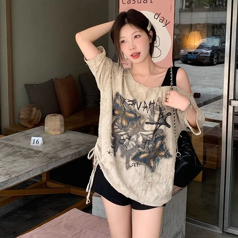 大码设计感小众露肩上衣夏季新款微胖mm显瘦不规则辣妹短袖t恤女