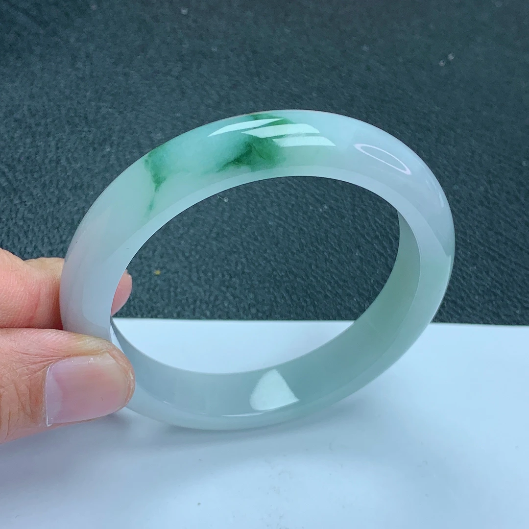 天然缅甸翡翠Ａ货手镯冰糯种飘花57.7圈口手镯