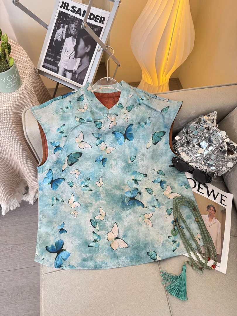 【现货·蓝蝶】轻奢风夏季清爽百搭上衣文艺气质香云纱斜门襟小衫