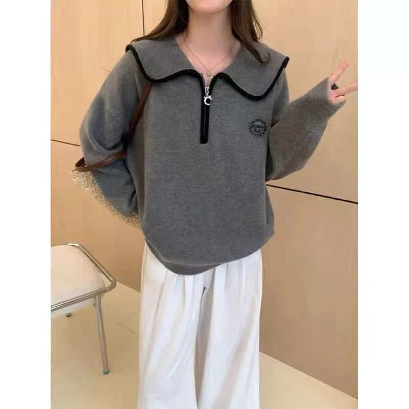 2025新款春季毛衣女士厚款时尚女士半拉连娃娃领毛衣