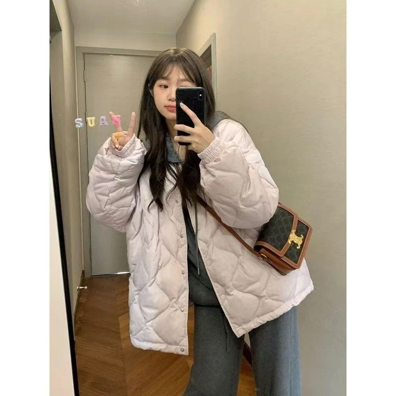 335菱形格宽松休闲百搭女士棉衣保暖棉服学生棉衣外套