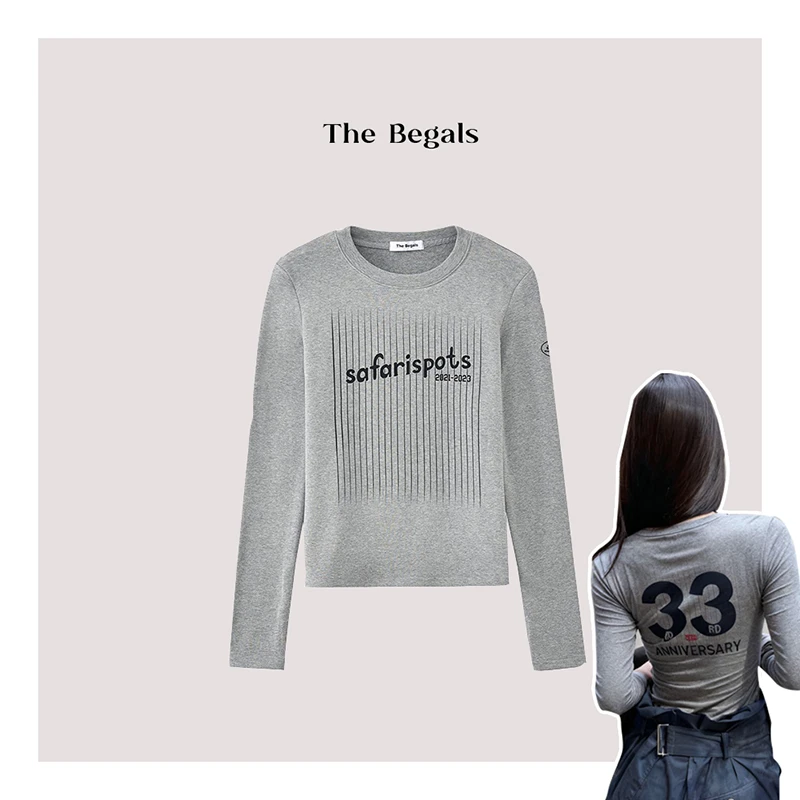 「33得久加绒打底衫」韩系！数字条纹印花女士长袖T恤