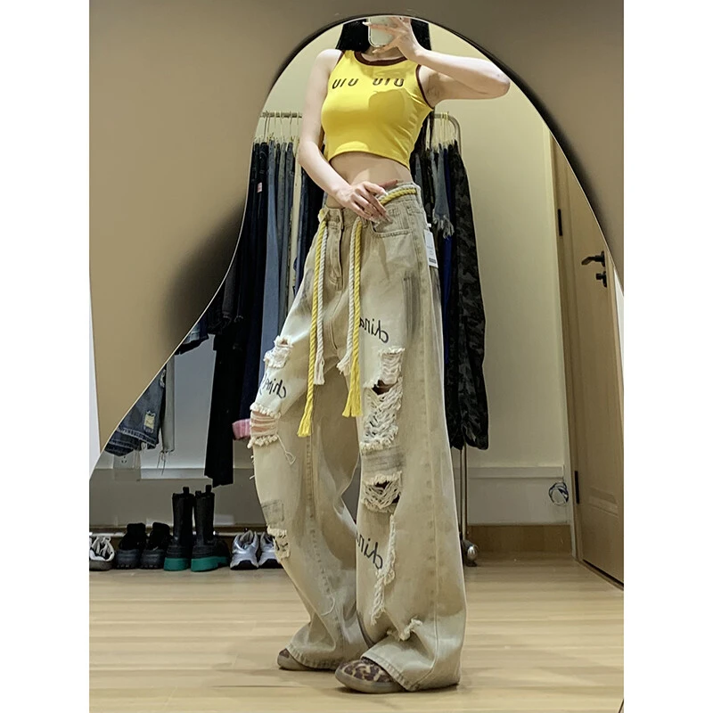 美式复古高街破洞辣妹牛仔裤女夏季设计感涂鸦浅色宽松显瘦直筒裤