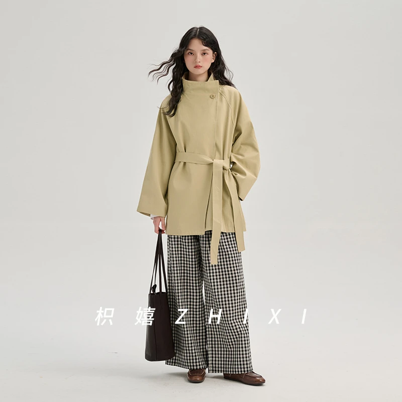 枳嬉设计感立领风衣中长款绑带款可翻领大衣