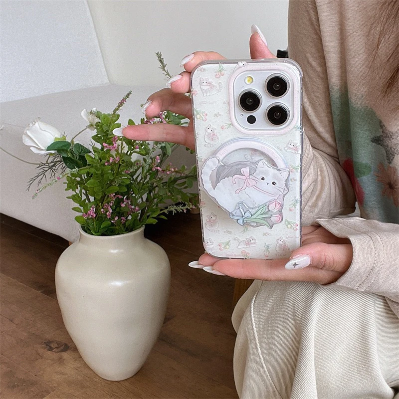 春天郁金香猫咪磁吸支架适用iphone17Promax苹果15手机壳14双层13