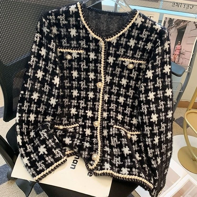 B006千鸟格仿水貂绒小香风外套新款女装时尚名媛洋气针织开衫