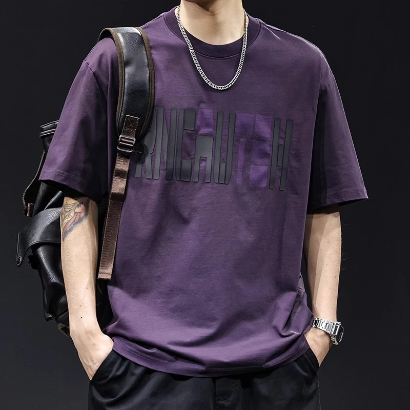 美式贴片设计短袖t恤男潮宽松大码衣服高端渐变体恤夏季2025新款