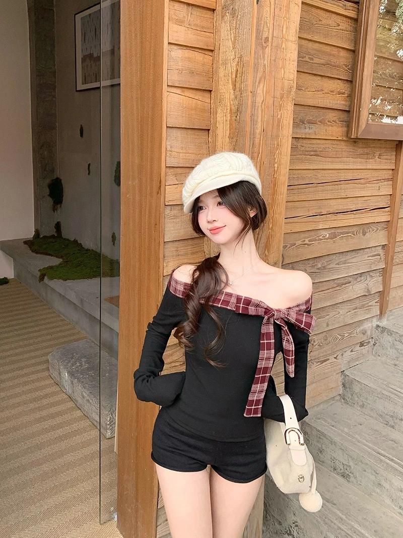 纯欲风蝴蝶结格纹一字肩长袖T恤女冬收腰修身内搭上衣性感辣妹