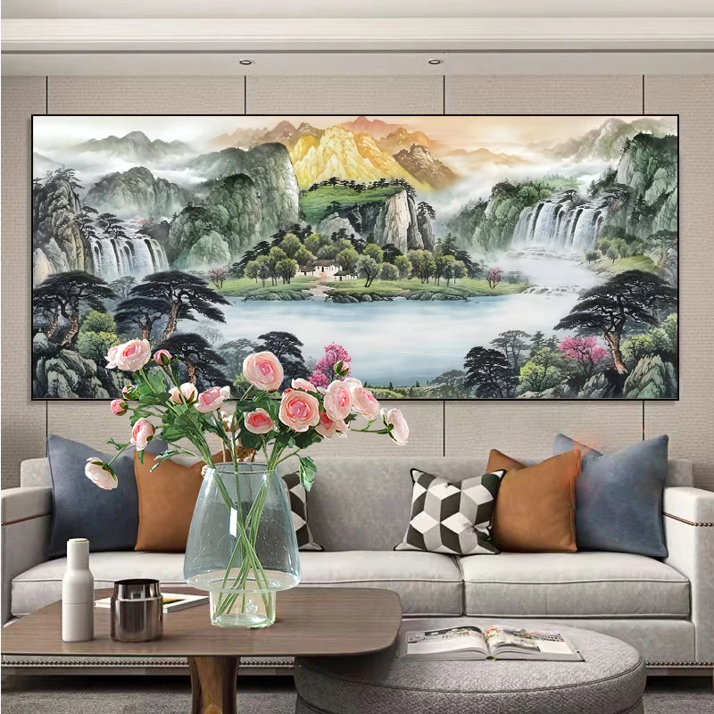 新款钻石画流水生财聚宝盆山水风景画满钻全贴魔方圆钻卧室客厅