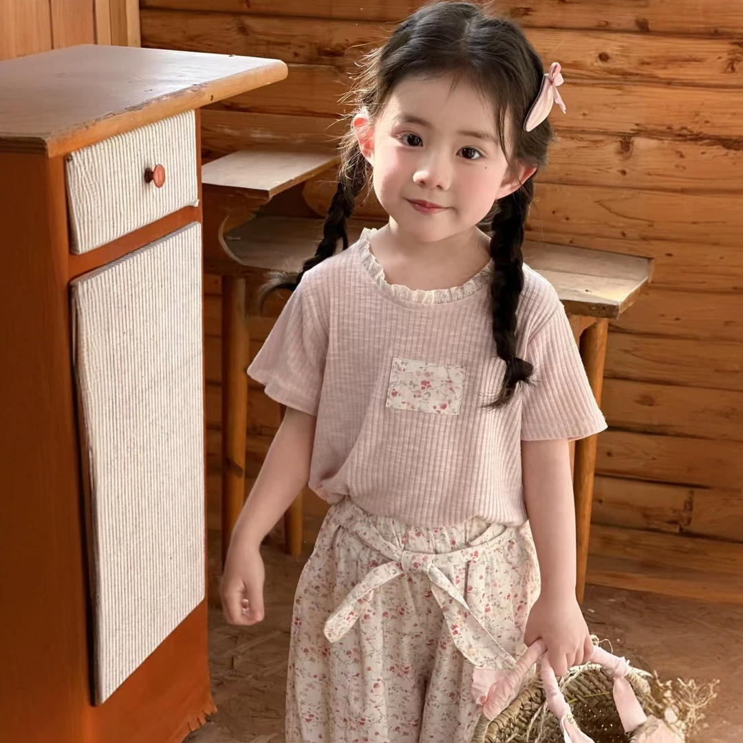 甜美公主风夏季女童衣服粉色碎花薄款可爱女宝中小童韩版童装套装