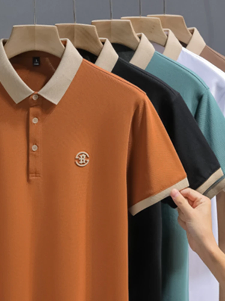 2025夏季款冰丝高端刺绣polo衫英伦男士修身短袖撞色翻领t恤上衣