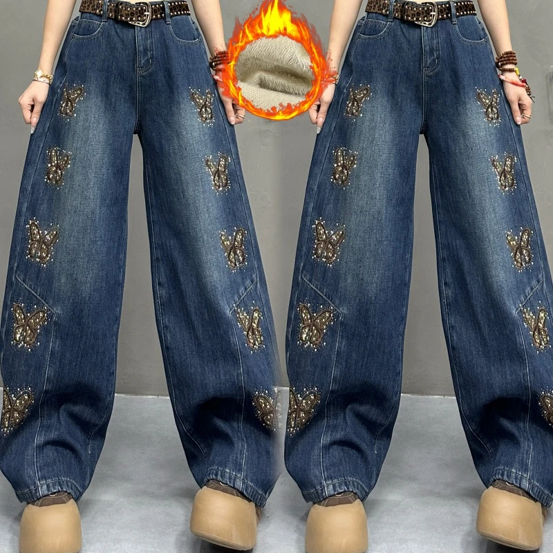 【亿火】冬季复古印花蝴蝶刺绣加绒烫钻水洗弯刀牛仔裤-G245-5137