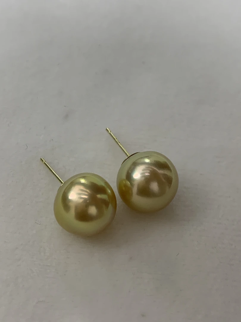 天然海水正圆金珠绿茶金近圆18k金素钉12-13mm