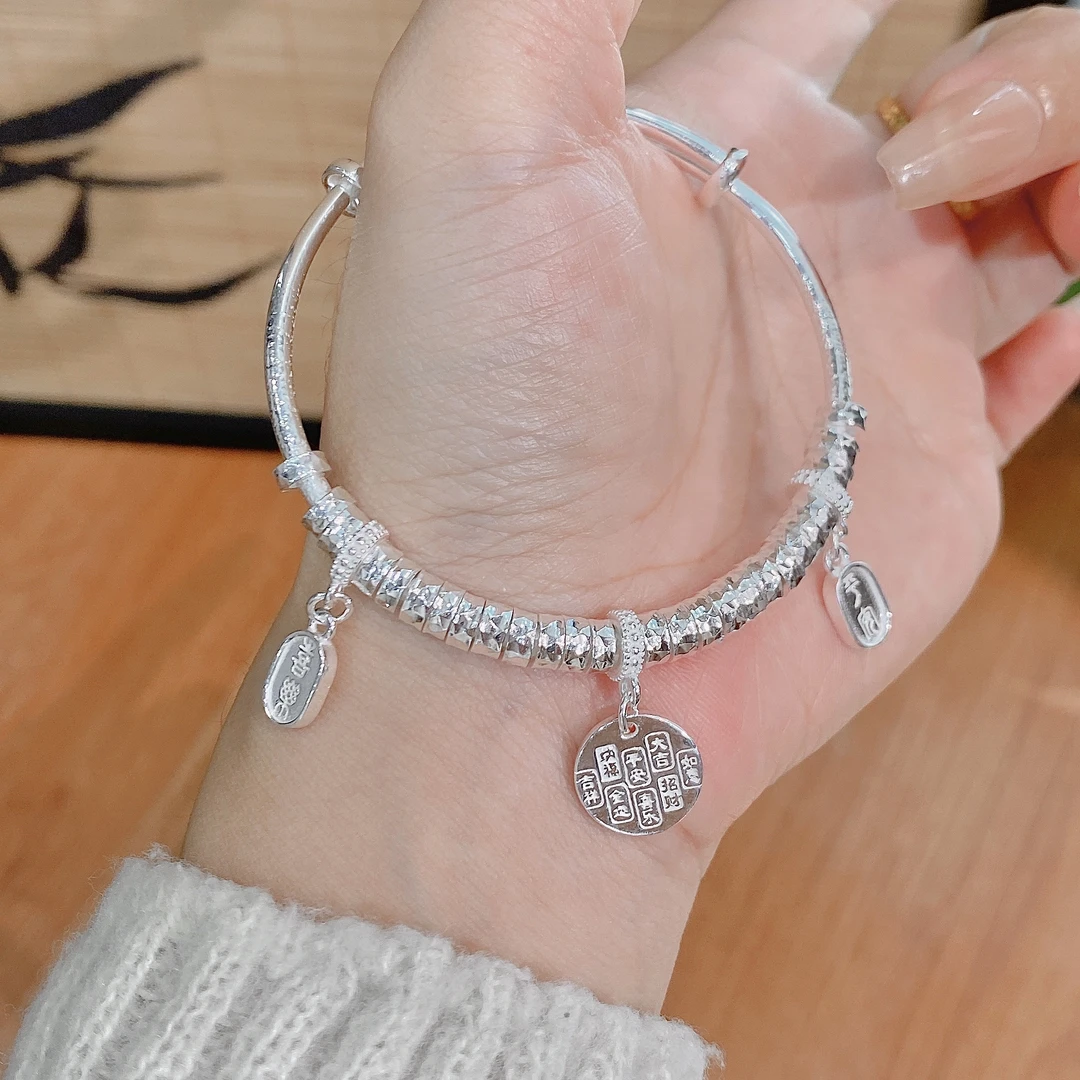 足银手镯 【足银999.9】盘缠吊坠推拉时尚个性小众手镯