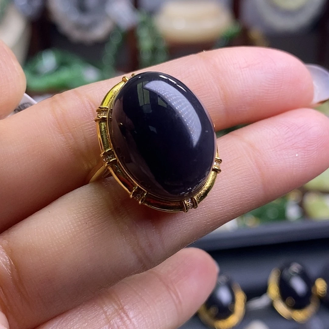 和田玉毕业级冰浓烟紫帝王紫金镶鸽子蛋戒指未镶嵌射*