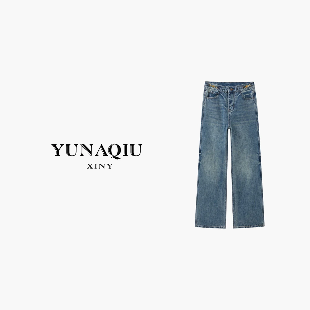 YUNAQIU蓝色阔腿裤时尚百搭宽松水洗牛仔裤-9076