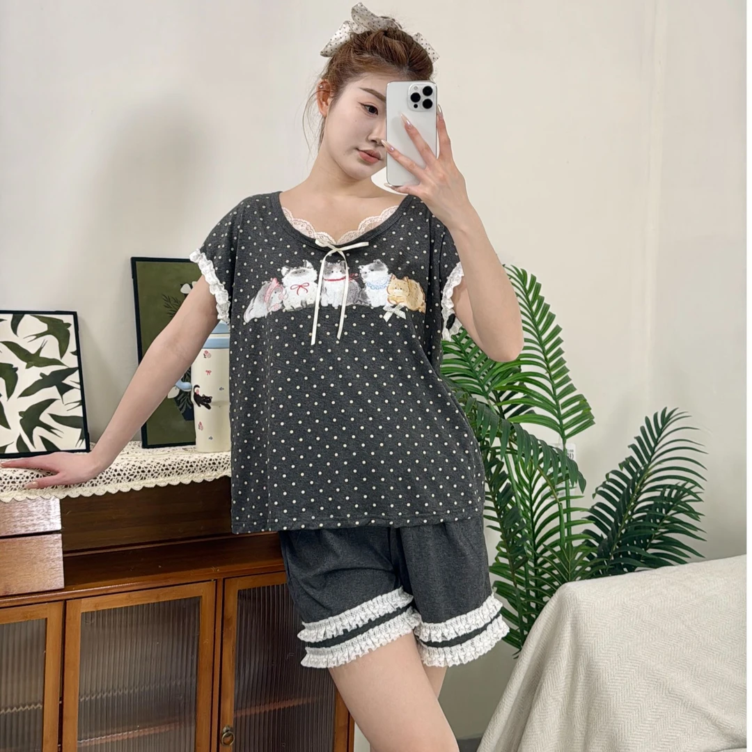 夏季短袖短裤睡衣家居服套装韩版卡通印花蕾丝宽松