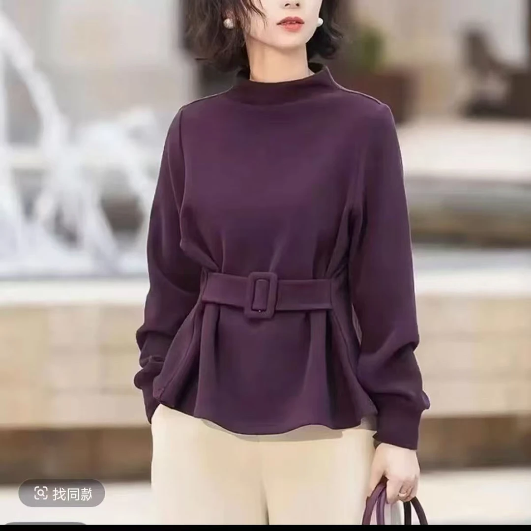 时尚长袖套头显瘦秋冬效1新款腰带洋气上衣2