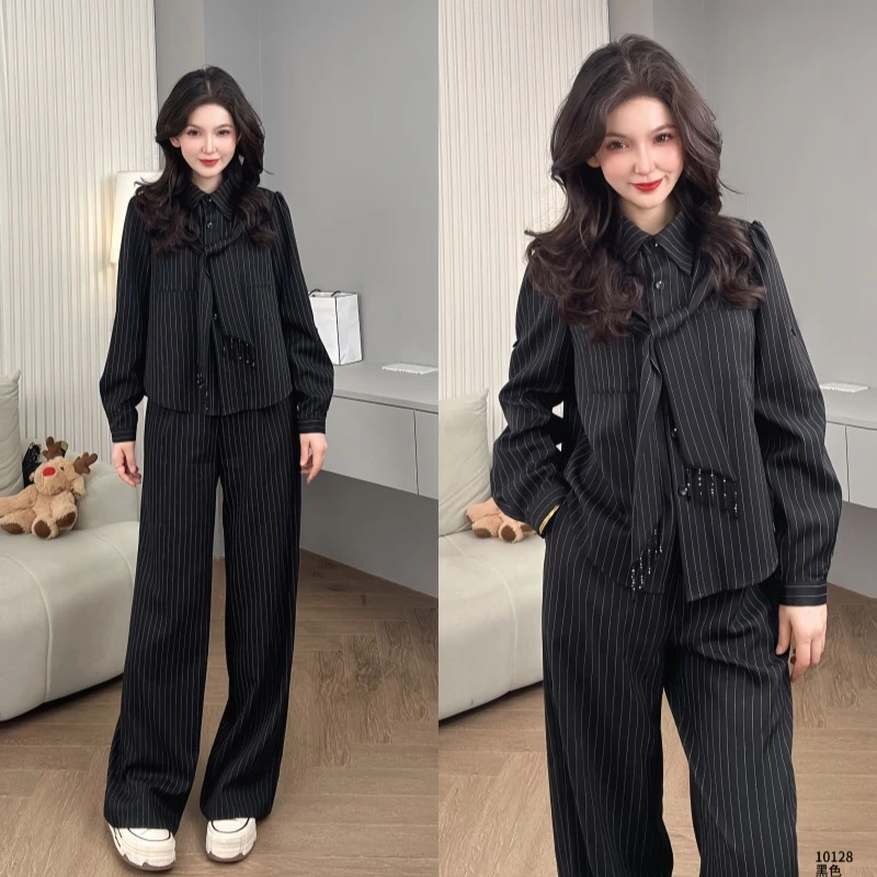 Saeda品牌女装慵懒高级感衬衫高腰阔腿裤条纹两件套YF10128