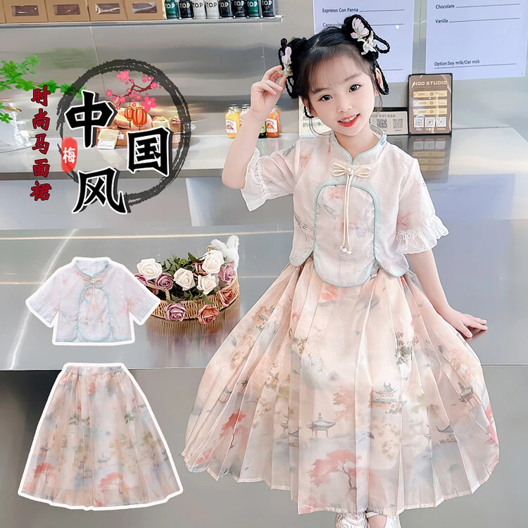 套装中国风夏季印花女童中大童公主套装儿童时尚复古古风小女孩ol