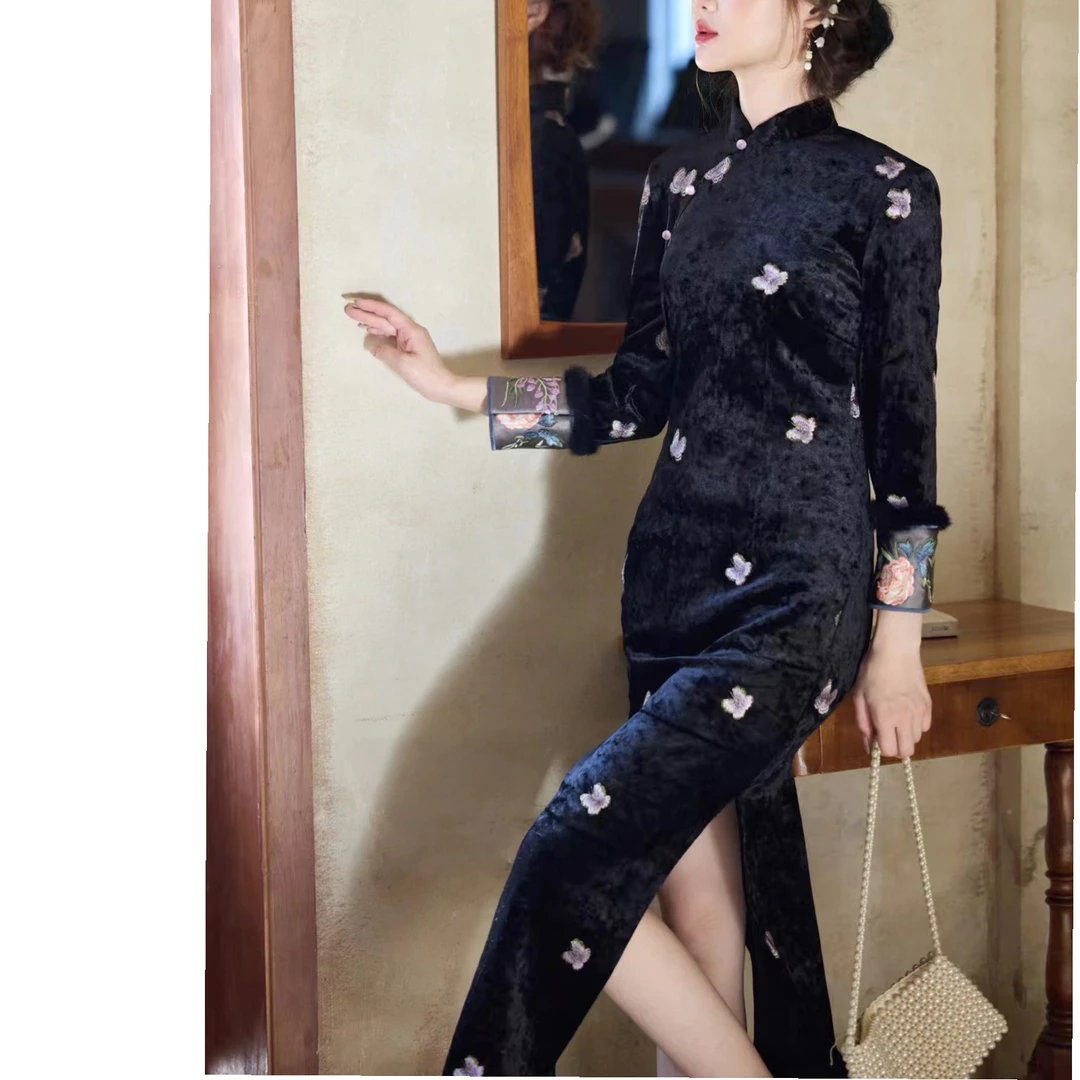 【苔蝶】复古新中式修身显瘦国风刺绣高级优雅日常丝绒苏州旗袍