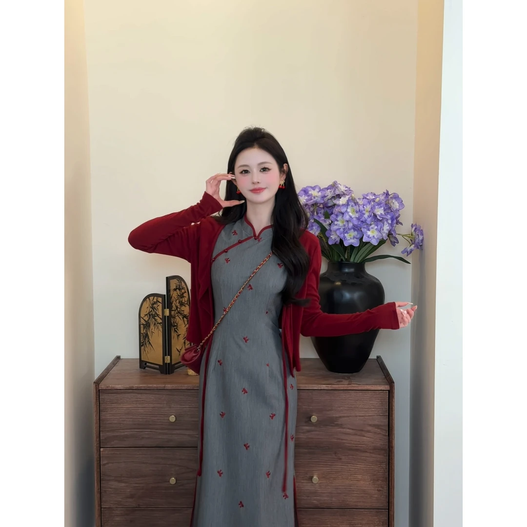 【情深深】七七很芒新中式撞色蝴蝶结刺绣旗袍连衣裙裙子XMZH9269